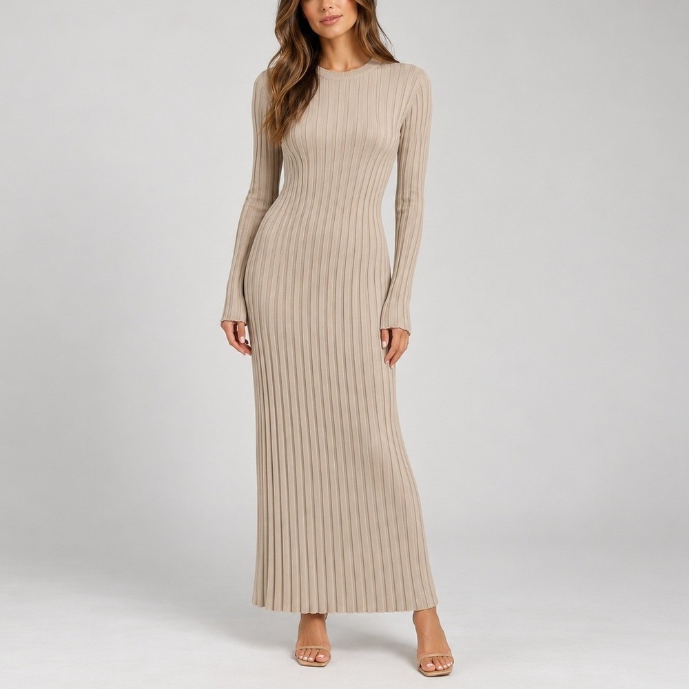 DISSH Ada Long Sleeve Midi Dress S Stone Beige Ribbed Knit